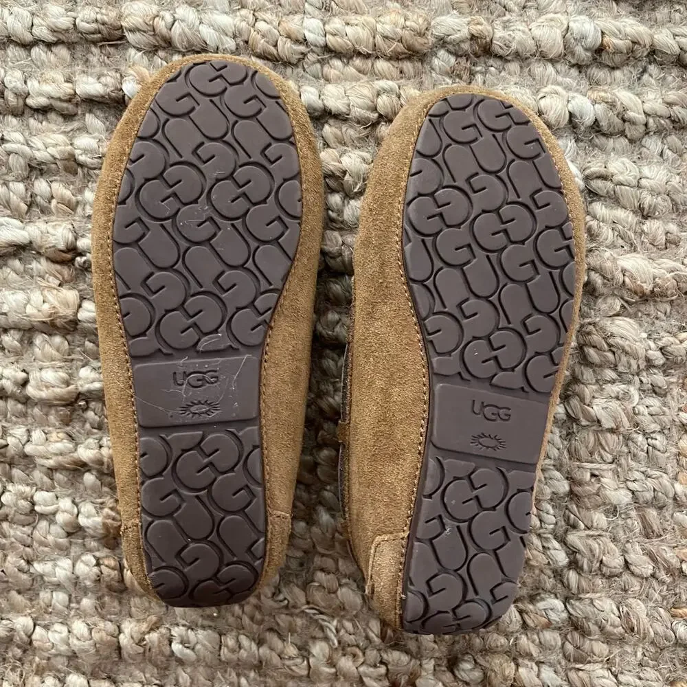 UGG Kids Suede Moccasin Slippers Brown Shearling Lined Shoes Size 1 EUC